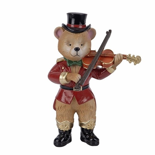 [600-49330] OSO DE PELUCHE CON VIOLÍN Y TRAJE BURDEOS, POLIRRESINA, 15X10X23CM