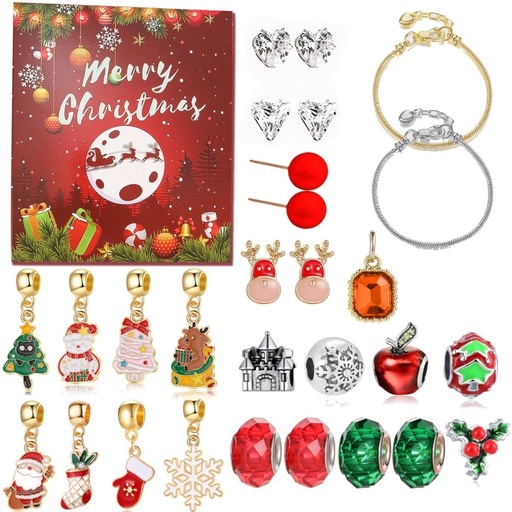 [600-49171] CUENTA ATRÁS CALENDARIO CON 2 PULSERAS, DORADO Y PLATEADO, Y 22 NAVIDAD COLGANTE ELEMENTOS, 17X1.6X20CM