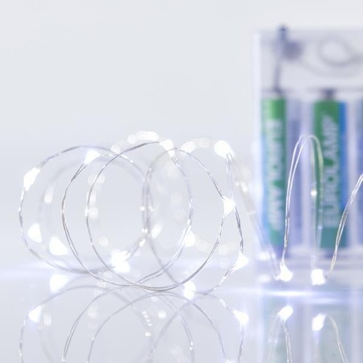 [620-22220] GUIRNALDA LINEAL, 20 MINI LED, CAJA DE PILAS 3XAA, HILO DE COBRE PLATEADO, LED BLANCO CADA 10CM, CABLE DE ALIMENTACIÓN 10CM, IP20