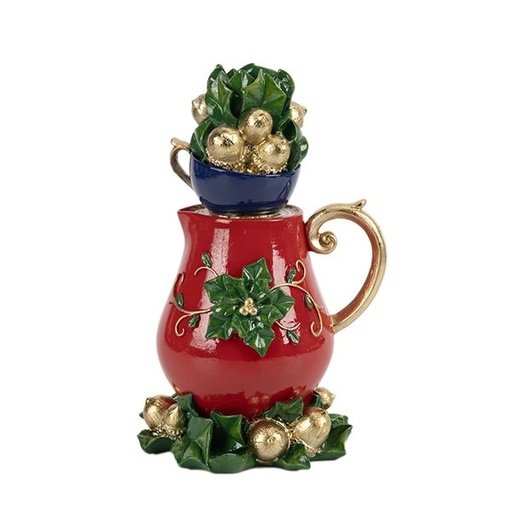 [600-48556] ORNAMENTADO PORTAVELAS CON JARRA Y VASO, AZUL CON ROJO, 20.3CM