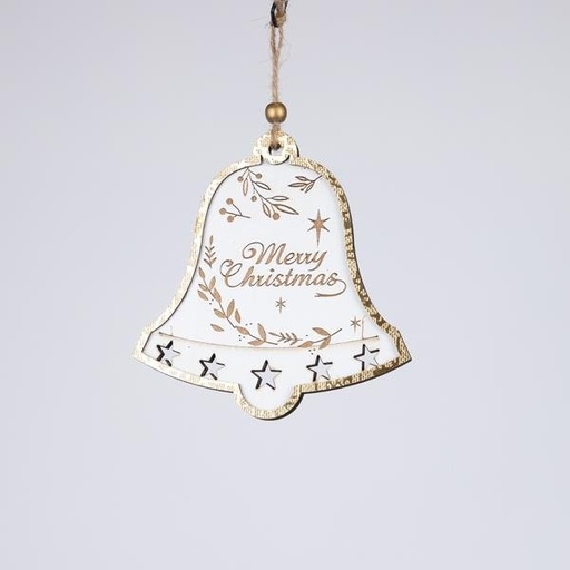 [600-46105] MADERA ADORNO CAMPANA, BLANCO CON DORADO, 0.7X12.5X13CM