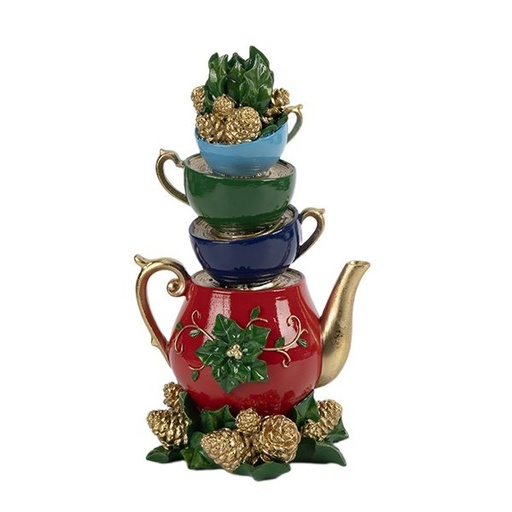 [600-48558] ORNAMENTADO PORTAVELAS CON JARRA Y VASO, AZUL CON ROJO, 25.3CM