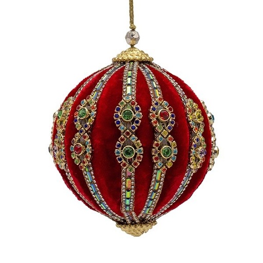 [600-49160] TERCIOPELO BOLA, ROJO, LUJO, CON COLORIDO PIEDRAS, 10CM