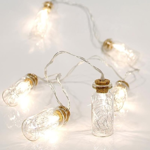 [600-11139] GUIRNALDA LINEAL CON PILAS, 10 LED 5MM, CABLE DE ALIMENTACIÓN 50CM, CÁLIDO BLANCO, BOTELLAS CON HILO DE COBRE INTERIOR, CADA 15CM, IP20