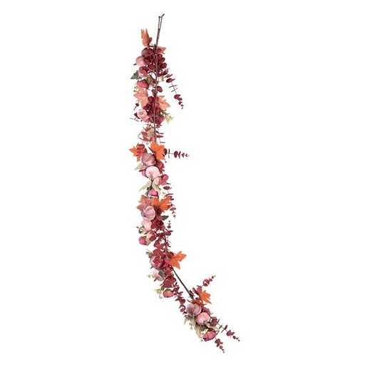 [600-49275] RAMA CON ROSA-MARRÓN TERCIOPELO CALABAZAS Y BURDEOS HOJAS, 148CM