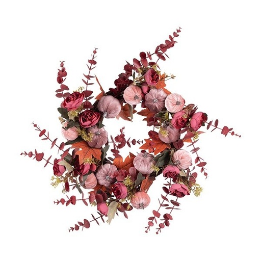 [600-49274] CORONA CON ROSA-MARRÓN TERCIOPELO CALABAZAS Y BURDEOS HOJAS, 21CM