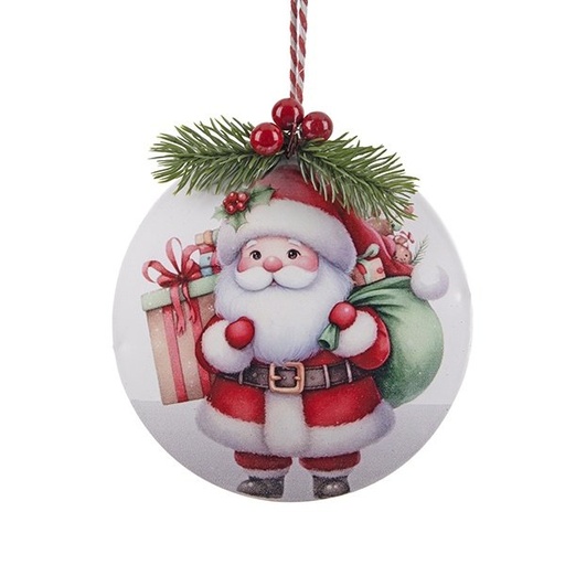 [600-49135] COLGANTE METAL ADORNO, BLANCO CON PAPÁ NOEL Y RAMA DE ACEBO, 13X2.5X14.5CM