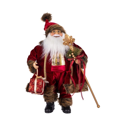 [600-49563] PAPÁ NOEL CON TRAJE BURDEOS Y ORNAMENTADO CETRO, 45CM