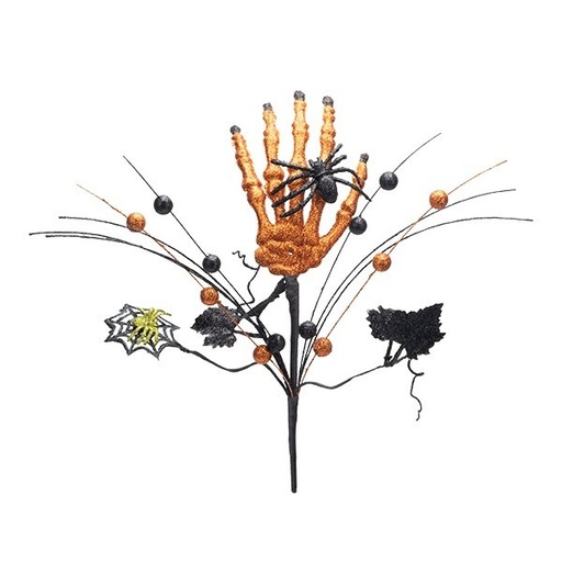 [600-49312] HALLOWEEN RAMA CON NARANJA ESQUELETO MANO Y NEGRO ARAÑA TELARAÑA, 19CM