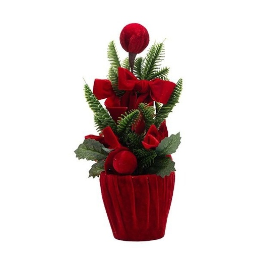 [600-49421] ROJO TERCIOPELO MACETA CON ABETO ÁRBOL DECORADO CON ROJO TERCIOPELO LAZOS Y BOLAS, 35CM
