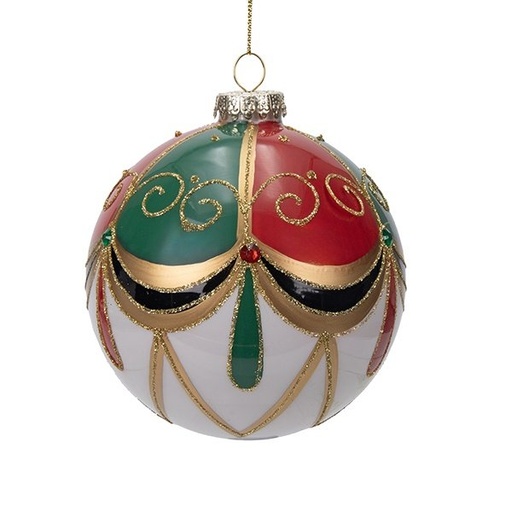 [600-48777] CRISTAL BOLA, BLANCO, ROJO Y VERDE CON IMPRESIONANTE DORADO BARROCO DECORACIÓN, JUEGO DE 4UDS, 10CM