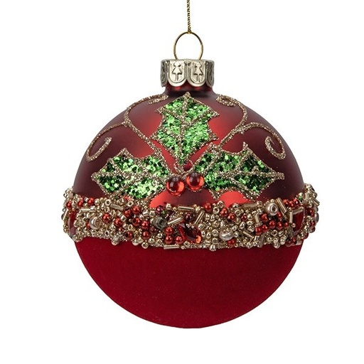 [600-48775] CRISTAL BOLA, BURDEOS CON TERCIOPELO INFERIOR, DECORADO CON EN RELIEVE ACEBO Y PIEDRAS PRECIOSAS, JUEGO 4UDS, 8CM