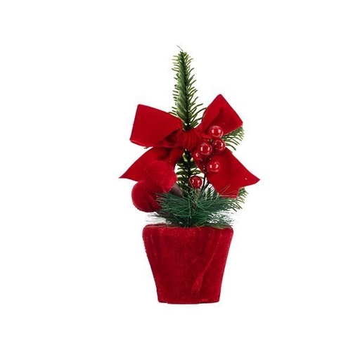 [600-49418] EXPOSITOR, MACETA DE RAMA DE ABETO, ROJO POMPÓN-POMPONES, Y TERCIOPELO LAZO EN A PEQUEÑO MACETA, 12UDS, 24CM