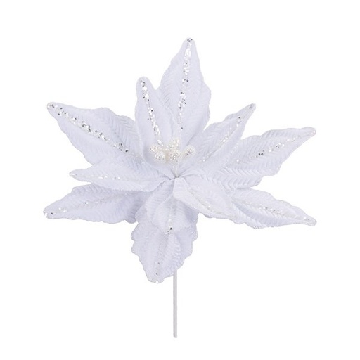 [600-49356] BLANCO TERCIOPELO ANÉMONA CON PLATEADO LENTEJUELAS, 38X40CM