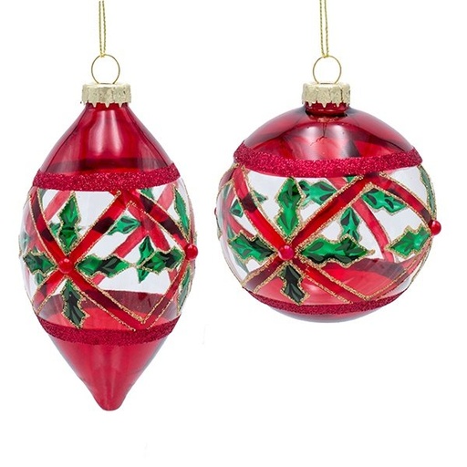 [600-48831] TRANSPARENTE CRISTAL BOLA CON ACEBO HOJAS Y ROJO CUENTA, 2 DISEÑOS, JUEGO 4UDS, 8CM/12CM