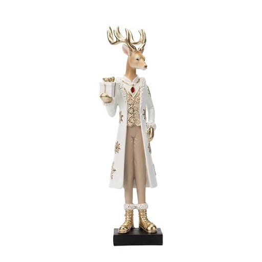 [600-48647] RENO CON ELEGANTE BLANCO TRAJE Y REGALO, POLIRRESINA, 7.5X7X29CM