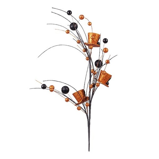 [600-49311] HALLOWEEN RAMA CON NARANJA SOMBREROS Y NEGRO-NARANJA PERLAS, 31CM