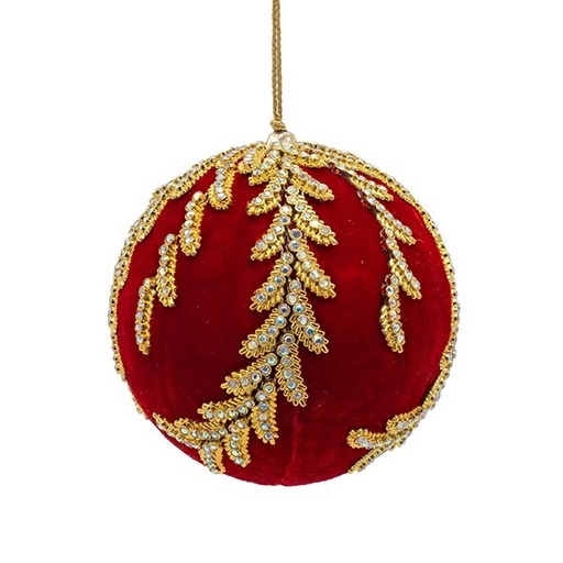 [600-49159] TERCIOPELO BOLA, ROJO, LUJO, CON BORDADO DORADO HOJAS, 10CM