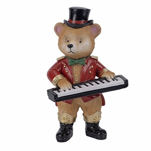 [600-49329] OSO DE PELUCHE CON ARMONIO Y TRAJE BURDEOS, POLIRRESINA, 12X9X23CM