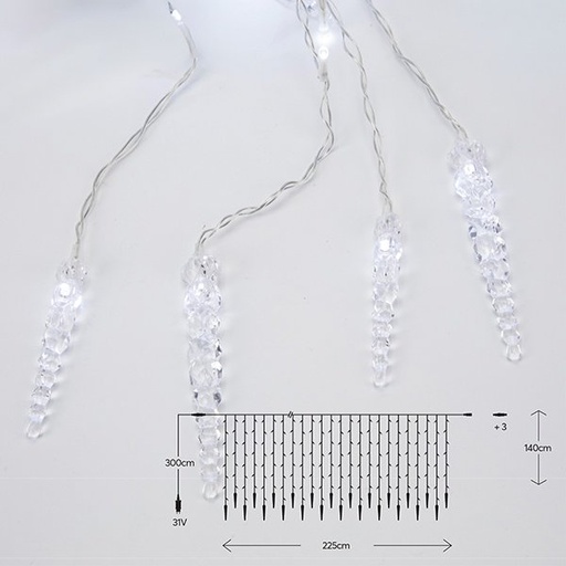 [600-02021] CORTINA, 176 LED 5MM CON HIELO CRISTALES, 31V ADAPTADOR, 4 CONECTORES HASTA 3 JUEGO, CABLE PVC TRANSPARENTE, LED BLANCO (H140 X W225CM, 16 LÍNEAS), CABLE DE ALIMENTACIÓN 3M, IP44