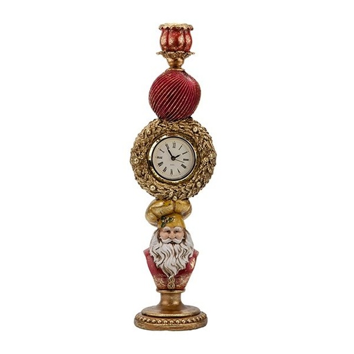 [600-48362] POLIRRESINA PORTAVELAS CON RELOJ Y PAPÁ NOEL, 36.5CM
