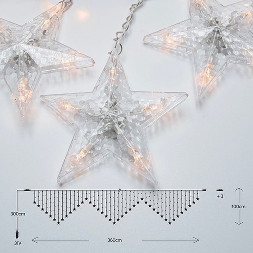 [600-02012] CORTINA, 222 LED 5MM CON ESTRELLAS, 31V ADAPTADOR, 4 CONECTORES HASTA 3 JUEGO, CABLE PVC TRANSPARENTE, LED BLANCO CÁLIDO (H100 X W360CM, 27 LÍNEAS), CABLE DE ALIMENTACIÓN 3M, IP44