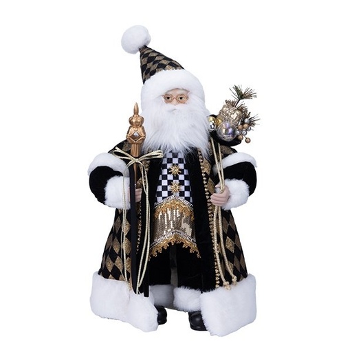 [600-49338] PAPÁ NOEL CON LUJO ABRIGO EN NEGRO, BLANCO Y DORADO DIAMANTE PATRÓN, 45CM