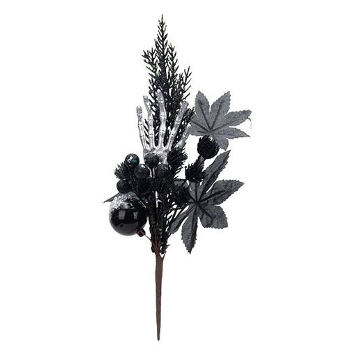 [600-49259] HALLOWEEN PICK DECORATIVO CON NEGRO HOJAS Y ESQUELETO MANO, 39CM