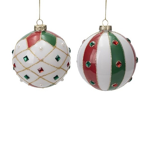 [600-48765] CRISTAL BOLA, BLANCO CON ROJO Y VERDE DIAMANTES, 2 DISEÑOS, JUEGO 4UDS, 10CM