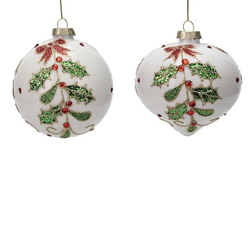 [600-48771] CRISTAL BOLA, BRILLANTE BLANCO CON RAMA DE ACEBO Y ROJO PIEDRAS PRECIOSAS, 2 FORMAS, JUEGO 4UDS, 10CM