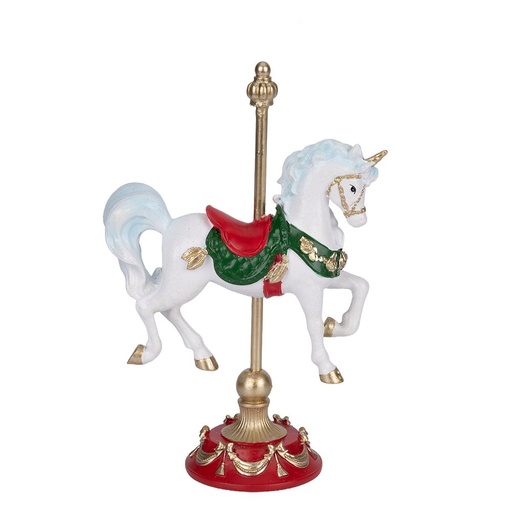 [600-48592] NAVIDAD POLIRRESINA CARRUSEL UNICORNIO CON DECORADO SILLA DE MONTAR, BLANCO, 15.5X7.5X22CM