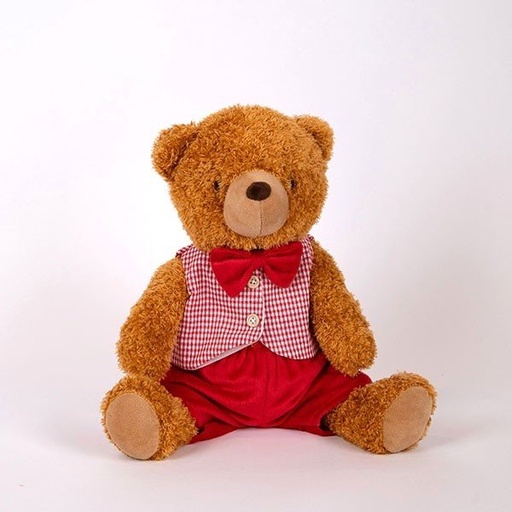 [600-48136] OSO DE PELUCHE SENTADO CON CHALECO ROSA DE CUADROS, 29CM