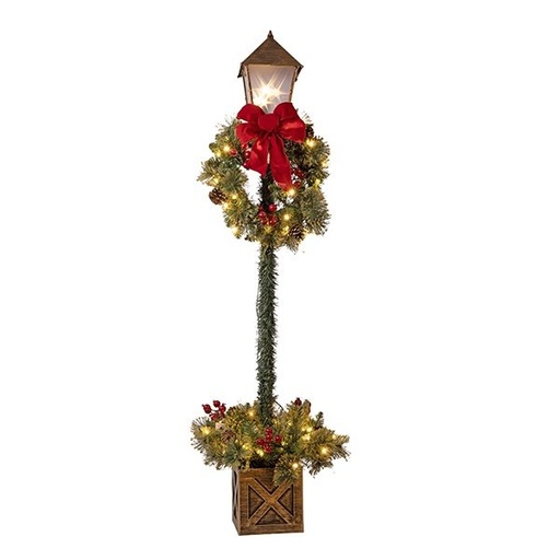 [600-48872] ANTIGUO COLUMNA FAROL DECORADO CON NAVIDAD CORONA Y LAZO ROJO, 70 LED BLANCO CÁLIDO, 150CM