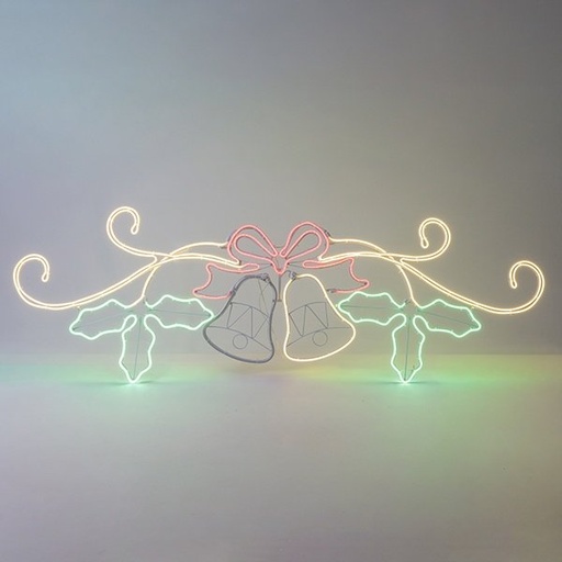 [600-23124] NAVIDAD MOTIVO CON DOBLE CAMPANAS 150X51CM CON MOVIMIENTO, 12.1M NEON LED MANGUERA LUMINOSA, VERDE, ROJO & LED BLANCO CÁLIDO, CABLE DE ALIMENTACIÓN 5M, IP44