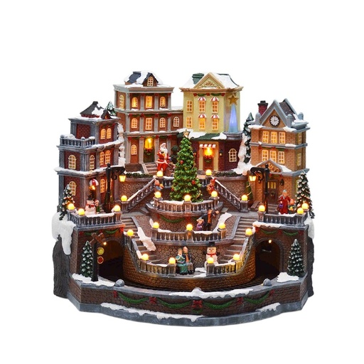 [600-48412] CIUDAD CON ÁRBOL DE NAVIDAD Y TREN, CON MÚSICA Y MOVIMIENTO, CON ADAPTADOR, 46X41X37CM