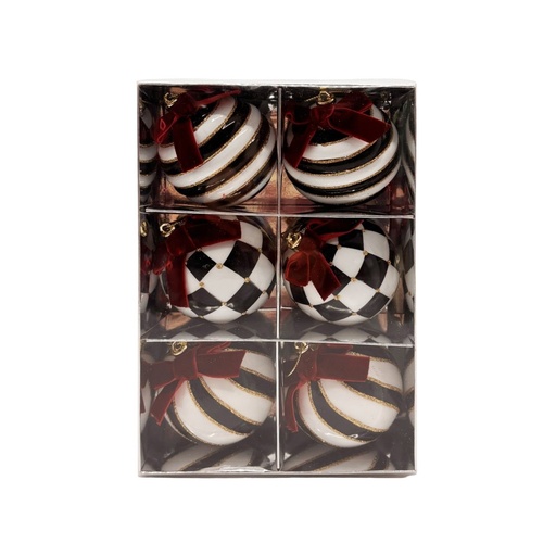 [600-49119] NEGRO Y BLANCO PLÁSTICO BOLA CON DORADO DETALLES Y BURDEOS LAZO, 3 DISEÑOS, JUEGO 6UDS, 8CM