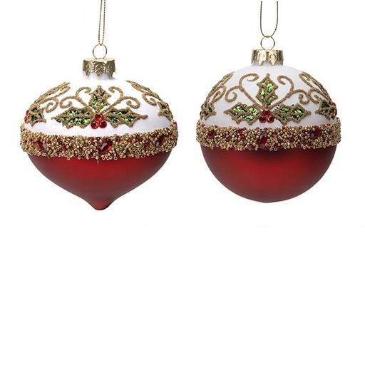 [600-48779] ELEGANTE CRISTAL BOLA, DOS-TONO BLANCO Y BURDEOS, CON IMPRESIONANTE ACEBO DECORACIÓN, 2 FORMAS, JUEGO 4UDS, 10CM