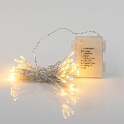 [600-05601] GUIRNALDA LINEAL, 96 LED 3MM, CAJA DE PILAS 3XAA, 8 M/H Y MEMORIA, TEMPORIZADOR, CABLE PVC TRANSPARENTE, LED BLANCO CÁLIDO CADA 10CM, CABLE DE ALIMENTACIÓN 30CM, IP44 (EXPOSITOR 16UDS)