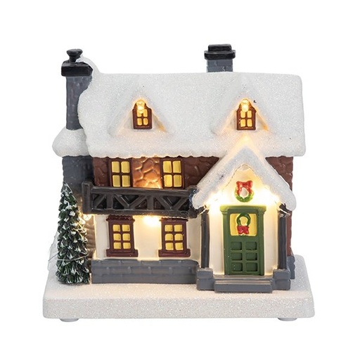 [600-48484] ILUMINADO CASA, CON VERDE PUERTA, A PILAS, 9.5X6.5X10CM