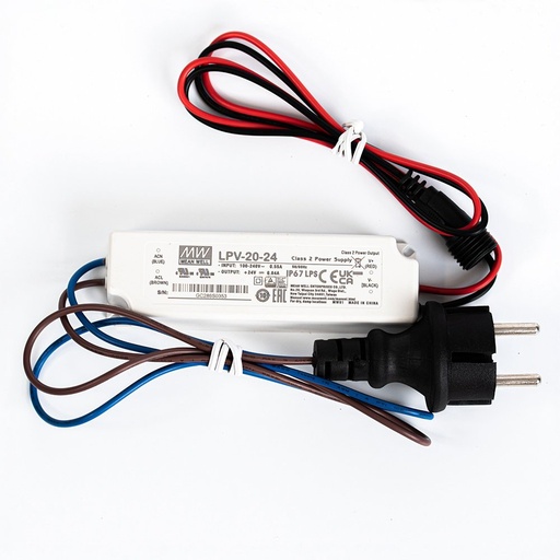 [600-22256] ADAPTADOR 35W IP65, 1ENCHUFE PASADOR PARA 24V MANGUERA LUMINOSA, 1 MEDIO PASADOR, 1 EXTREMO TOMA, 3 CALOR RETRÁCTIL, 1 PEGAMENTO, CABLE DE ALIMENTACIÓN IP44