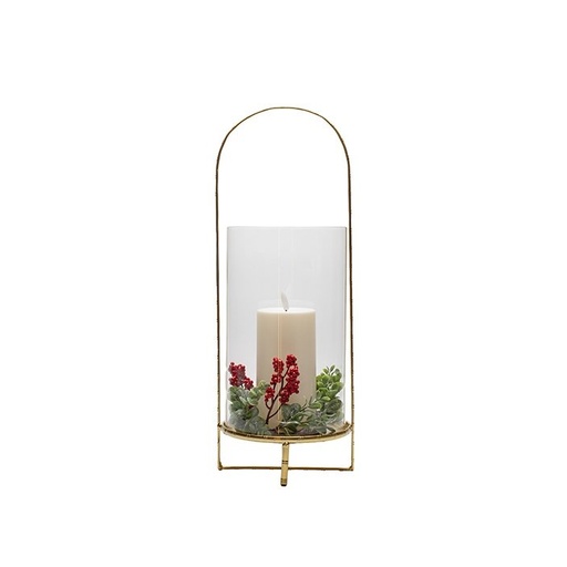 [600-48740] DECORADO FAROL, DORADO, CON BAYAS, CON PILAS VELA, 17X16X36CM