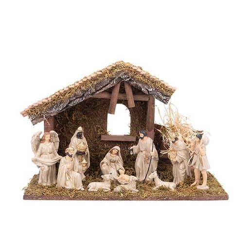 [600-49451] NACIMIENTO ESCENA CON 11 MARFIL FIGURAS Y MADERA ESTABLO, 35X15X24CM