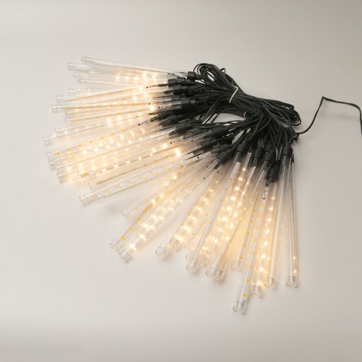 [600-02311] CASCADA, 400 LED, 7V ADAPTADOR, LUZ FIJA, CABLE PVC VERDE, 50 TUBOS H19CM CON LED BLANCO CÁLIDO CADA 20CM, CABLE DE ALIMENTACIÓN 5M, IP44