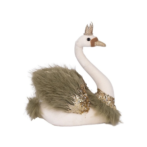 [600-49010] TERCIOPELO CREMA CISNE CON OLIVA PLUMOSO ALAS Y DORADO CORONA, 23X16X28CM