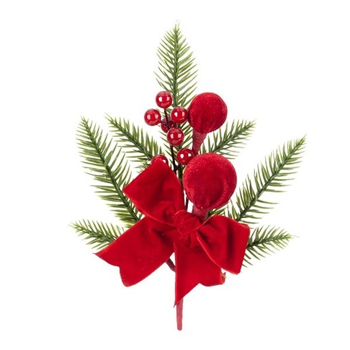 [600-49371] RAMA CON TERCIOPELO POMPÓN-POMPONES, LAZO, Y RAMA DE ABETO, ROJO, 32CM
