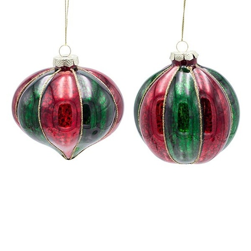 [600-48848] CRISTAL BOLA CON ROJO Y CIPRÉS-VERDE RAYAS, 2 DISEÑOS, JUEGO 4UDS, 10CM
