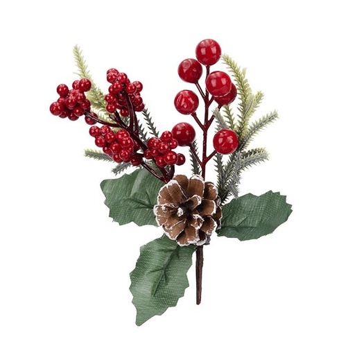 [600-49293] PICK DECORATIVO CON PEQUEÑO Y GRANDE BAYAS Y NEVADO PIÑA, 25CM