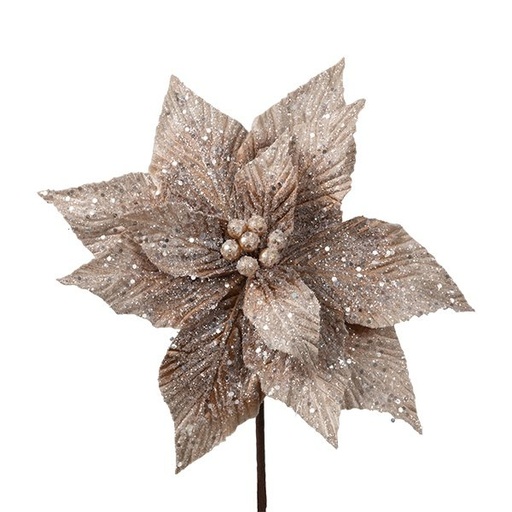 [600-48687] FLOR, BEIGE MARRÓN CON PEDRERÍA Y PURPURINA, 26X45CM