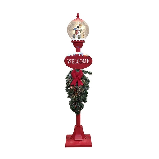 [600-49696] BOLA DE NIEVE COLUMNA CON CARTEL Y DECORADO RAMA, ROJO, LUCES, MÚSICA, Y MOVIMIENTO, CON TRANSFORMADOR, 32X30X150CM