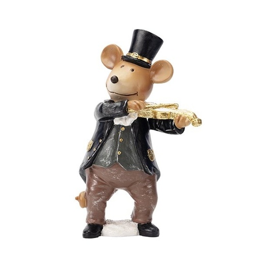 [600-48640] PEQUEÑO RATÓN, MARRÓN, CON VIOLÍN, POLIRRESINA, 13X10.5X21.5CM